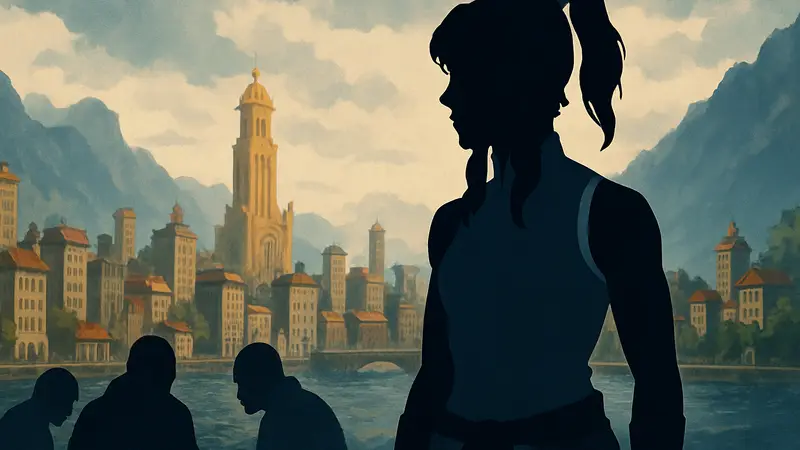 Аватар Корра на фоне города, символ душевных травм и борьбы в сериале «Легенда о Корре».