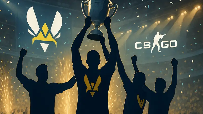 Команда Vitality празднует победу на турнире PGL Cluj-Napoca по киберспорту, поднимая кубок.