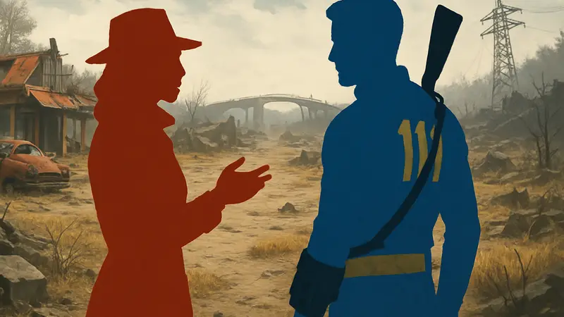 Компаньон из игры Fallout 4, разговаривающий с главным героем в пустоши