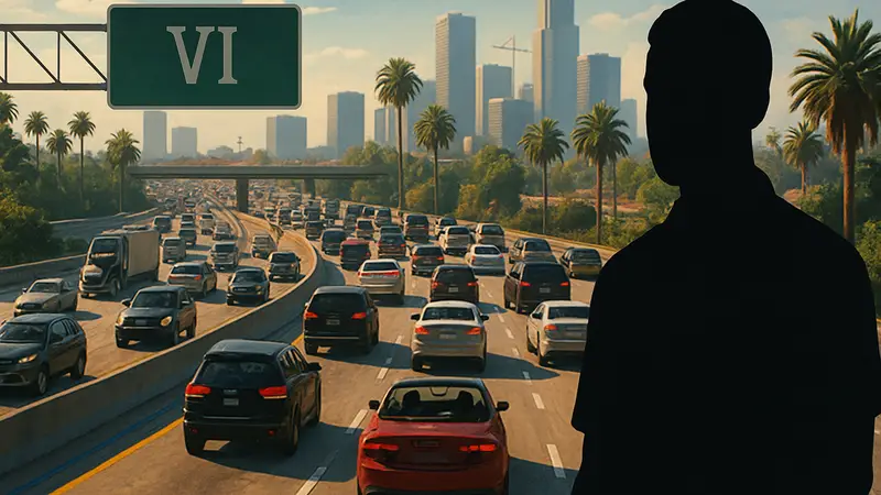 Кадр из трейлера GTA 6, показывающий оживленное шоссе с автомобильным трафиком.