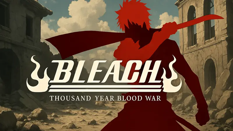 Кадр из аниме Bleach Thousand-Year Blood War с персонажем Ичиго Куросаки в бою, логотип сериала.