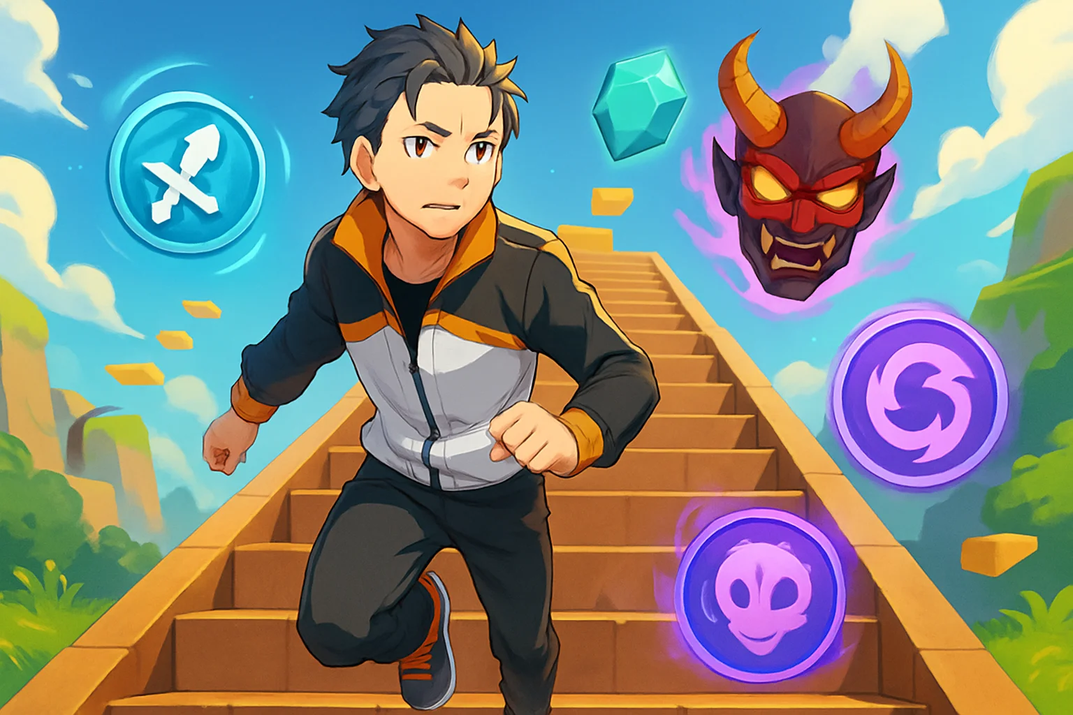 Персонаж Субару из аниме Re:Zero на лестнице, окруженный игровыми элементами Subaru Stairs Experience.