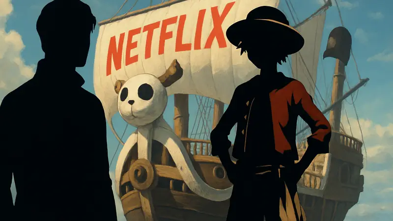 Луффи из 'One Piece' на фоне корабля с логотипом Netflix и тенью неизвестного персонажа.