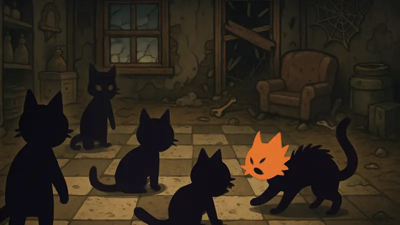 Скриншот из игры Mewgenics, демонстрирующий пошаговую тактику и персонажей-котов в драматичной ситуации.