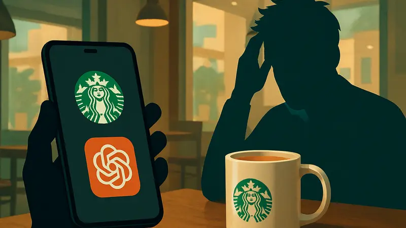 Приложение Starbucks на экране смартфона с иконкой ChatGPT, рядом чашка кофе и обескураженный клиент.