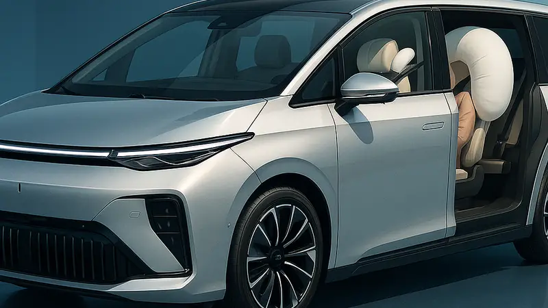 Минивэн Luxeed V9, демонстрирующий дизайн и особенности, такие как подушка безопасности для головы.