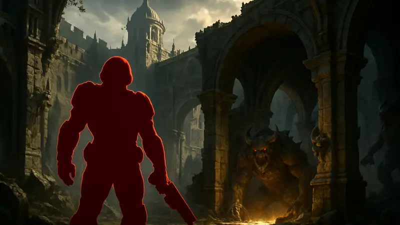 Демонстрация трассировки лучей в Doom The Dark Ages, показывающая впечатляющее освещение и детали.