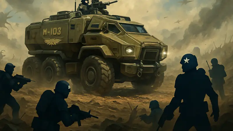 Игровой транспорт M-103 Supply FRV из Helldivers 2 на поле боя с солдатами Свободы.