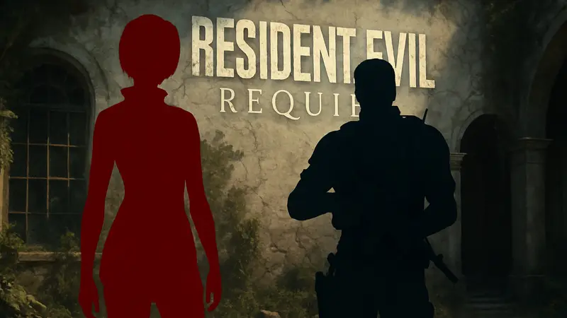 Ада Вонг и Крис Редфилд в костюмах из Resident Evil, стоящие на фоне логотипа Resident Evil Requiem.