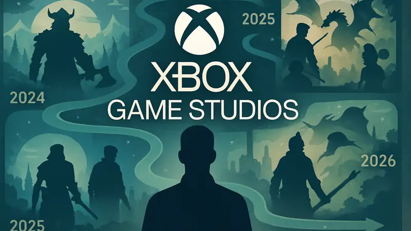 Логотип Xbox Game Studios на фоне схематичной дорожной карты с различными играми и датами, символизирующей будущее развитие.