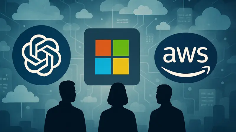 Логотипы OpenAI, Microsoft и AWS на фоне облачных технологий, символизирующие сотрудничество.