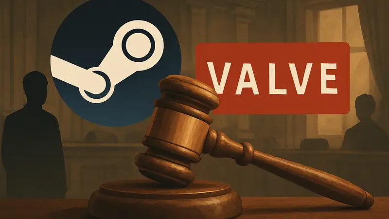 Логотип Steam и Valve на фоне судебного молотка, символизирующего иск.