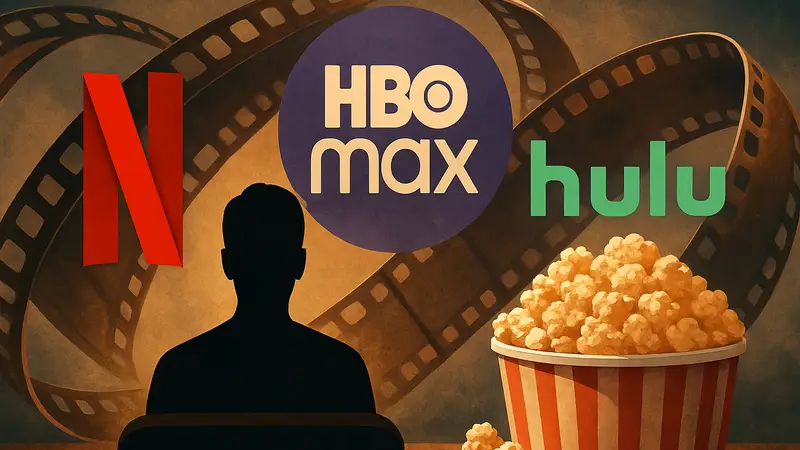 Логотипы стриминговых сервисов Netflix, HBO Max, Hulu на фоне киноленты и попкорна.