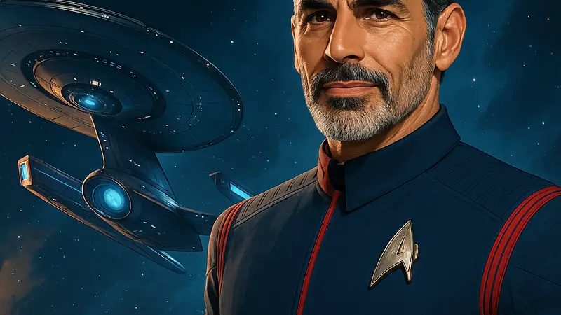 Одед Фер, актёр из Star Trek: Starfleet Academy и Star Trek: Discovery, на фоне космического корабля.