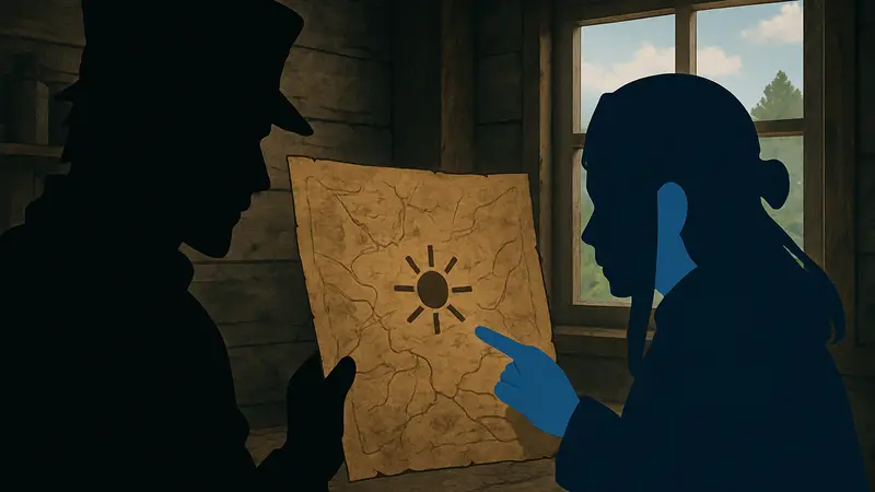 Кадр из аниме "Золотой Камуй", где персонажи Скита и Асирпа смотрят на карту или таинственный символ, указывающий на золото.