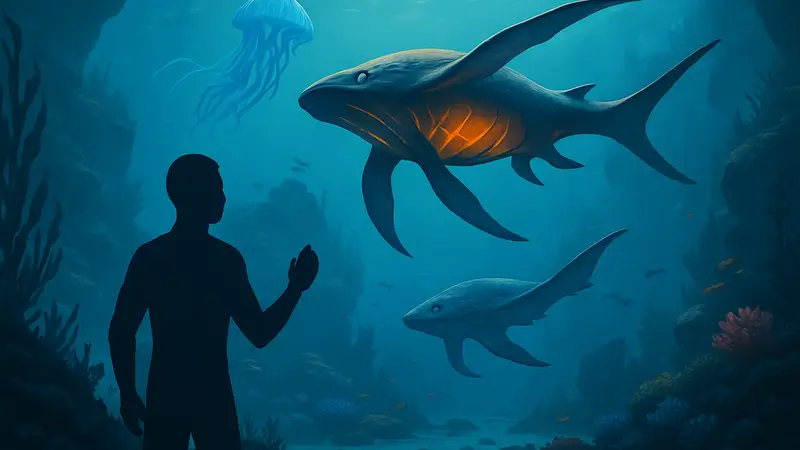 Игровой скриншот Subnautica 2 с подводными пейзажами и необычными существами без признаков сражений