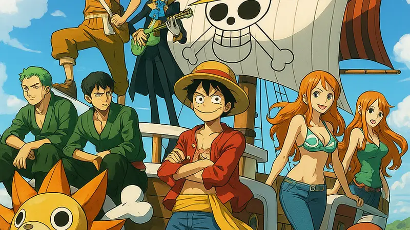 Луффи и Пираты Соломенной Шляпы на корабле Thousand Sunny на фоне морских пейзажей One Piece.