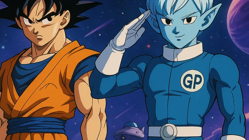 Персонажи Dragon Ball Super из арки «Галактический патруль», например, Гоку и Мерус, на фоне космического пейзажа.