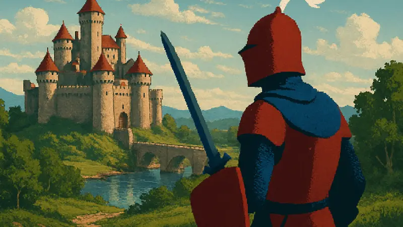 Изображение ремейка Defender of the Crown с рыцарем в доспехах и замком на фоне, стилизация Amiga.