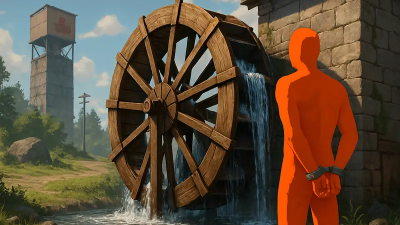 Водяное колесо в игре Rust, которое может быть приведено в движение игроками в наручниках.