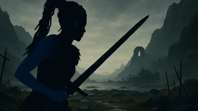 Сенуа из Hellblade 2 с мечом в руке, готовится к бою, на фоне мрачного пейзажа.