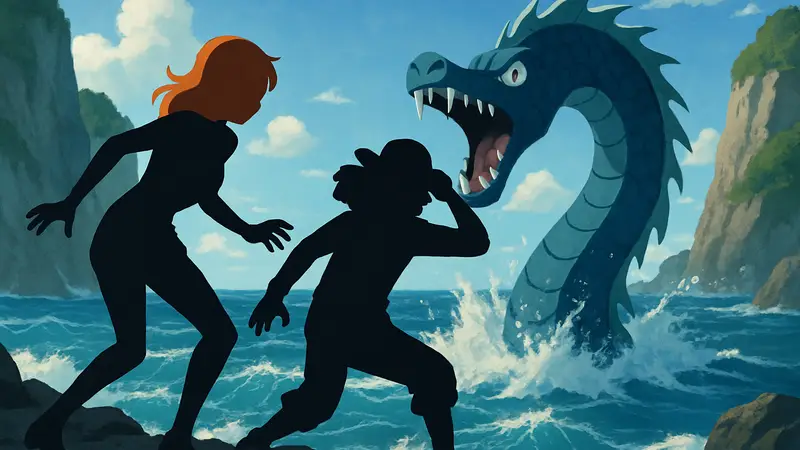 Нами и Усопп в опасной ситуации из аниме One Piece, на фоне морского пейзажа.