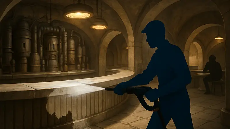 Скриншот PowerWash Simulator 2 с кантиной из Star Wars, процесс уборки