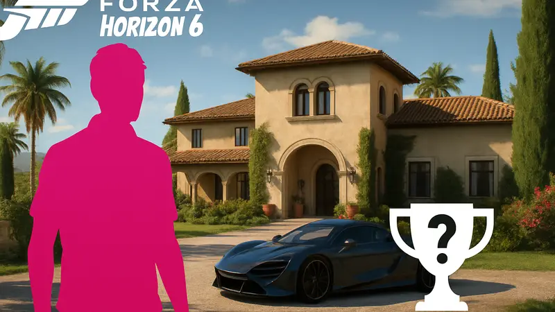 Скриншот из Forza Horizon 6: поместье игрока и подсказка по достижению «Что вы делаете в моем по местье?»