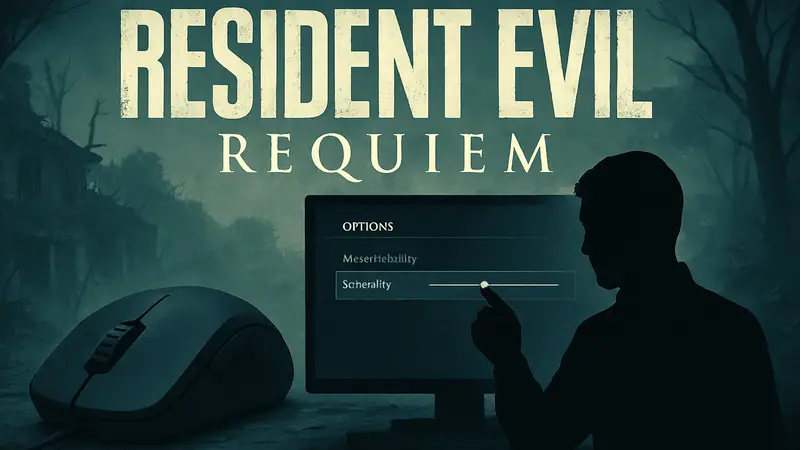 Мышь на фоне логотипа Resident Evil Requiem, игрок настраивает чувствительность в меню игры.