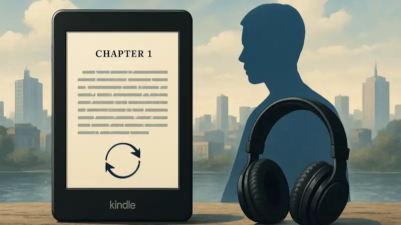 Экран Kindle с синхронизированной электронной книгой и наушники, символизирующие аудиокнигу.