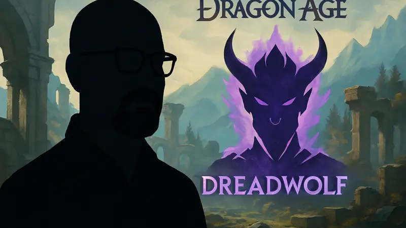 Дэвид Гейдер, бывший сценарист Dragon Age, на фоне логотипа Dragon Age Dreadwolf (Dragon Age 5).