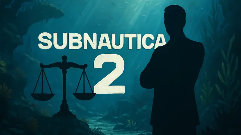 Логотип Subnautica 2 на фоне подводного мира, символизирующий продолжающиеся юридические проблемы.