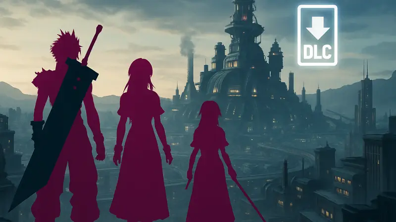 Главные герои Final Fantasy 7 Remake Part 3 на фоне футуристического города, с намёком на будущие DLC.