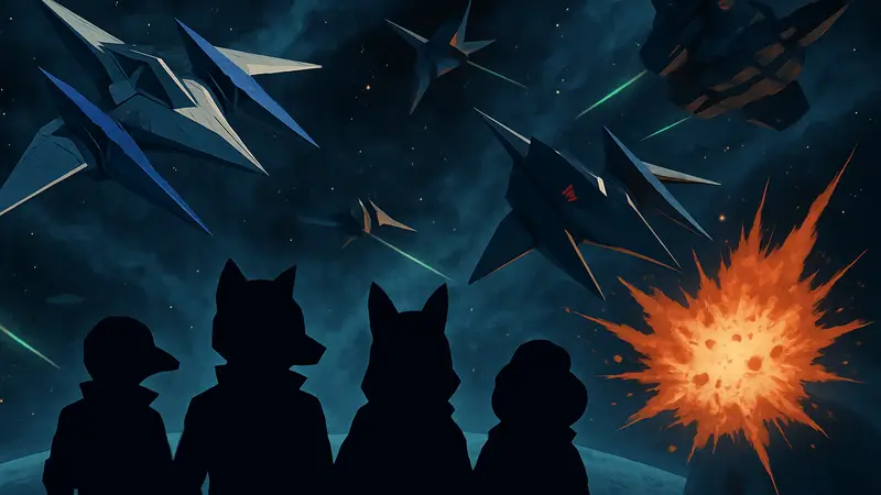 Команда Star Fox в космических кораблях Arwing в битве в космосе
