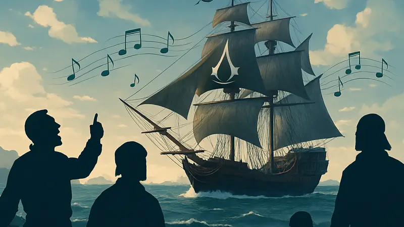 Корабль Assassin's Creed Black Flag в море с нотами морских шанти
