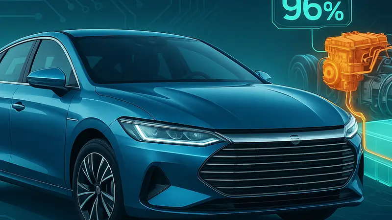 Автомобиль BYD с изображением новой гибридной системы DM-i 6.0 и показателями КПД