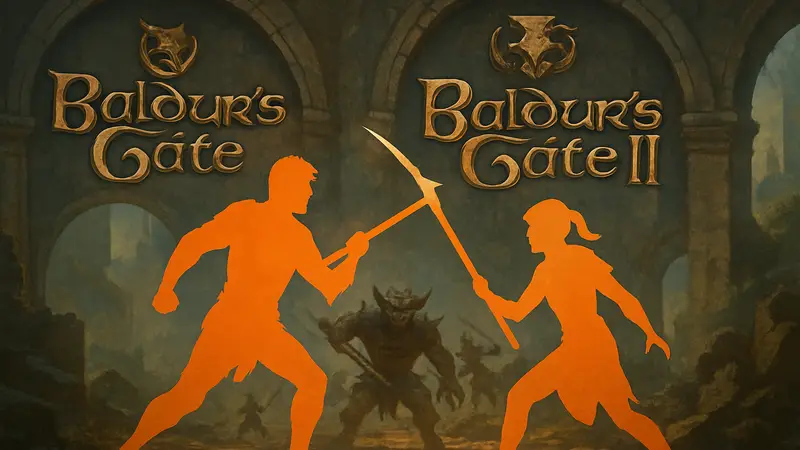 Иллюстрация боевой сцены из Baldur's Gate 3 на фоне логотипов Baldur's Gate 1 и 2, символизирующая спор фанатов о боевой системе ремейков.