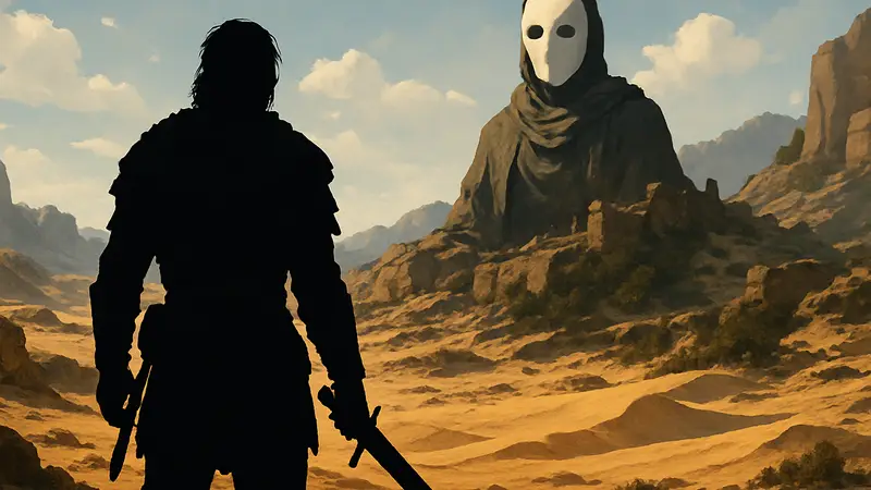 Герой Crimson Desert на фоне пустыни, символизирующий прохождение квеста «Лицо за маской»