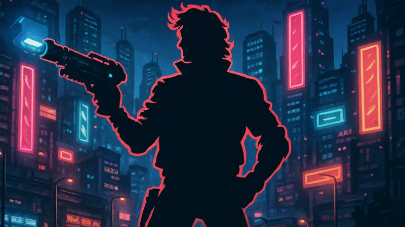 Скриншот или арт из игры Huntdown: Overtime с персонажем в стиле 80-х, держащим футуристическое о ружие, на фоне неоновых огней города.