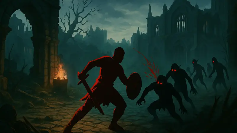 Скриншот или арт из игры Hordes of Hunger, показывающий слэшер-геймплей и элементы рогалика.
