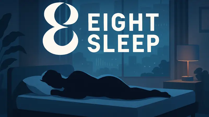 Логотип Eight Sleep на фоне спящего человека в умном матрасе, инвестиции в технологии сна.