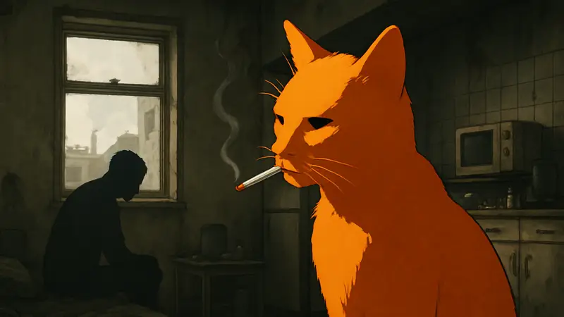 Кадр из аниме "Chainsmoker Cat", изображающий кота с сигаретой в реалистичном стиле.