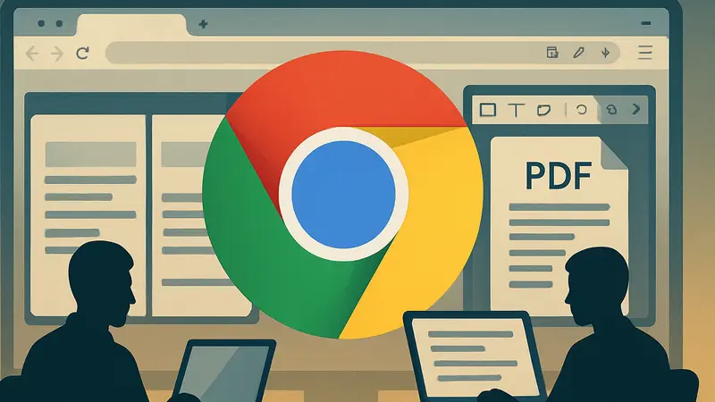 Иконка Google Chrome с элементами пользовательского интерфейса, демонстрирующими разделенный экран и PDF-редактор.