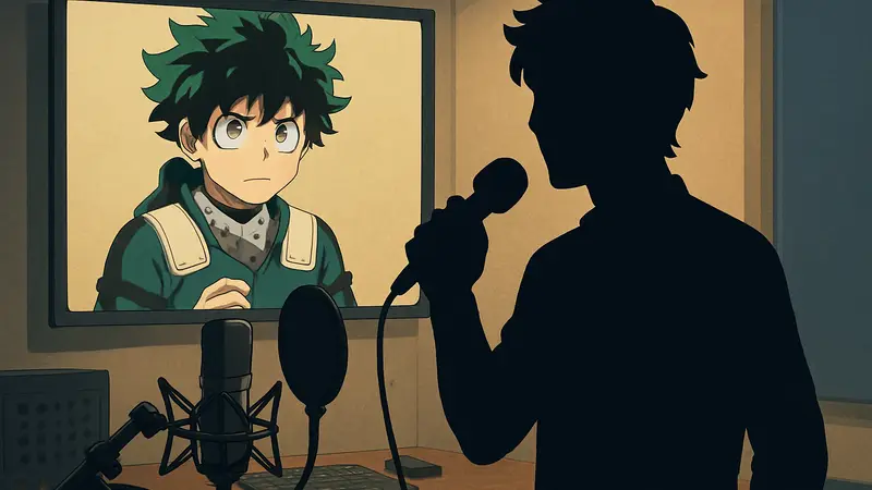 Актёр озвучки Деку на фоне персонажа из My Hero Academia, держащий микрофон, во время записи.