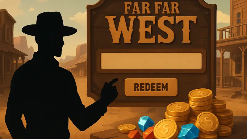 Far Far West, скриншот с интерфейсом ввода промокода, золотые монеты и самоцветы