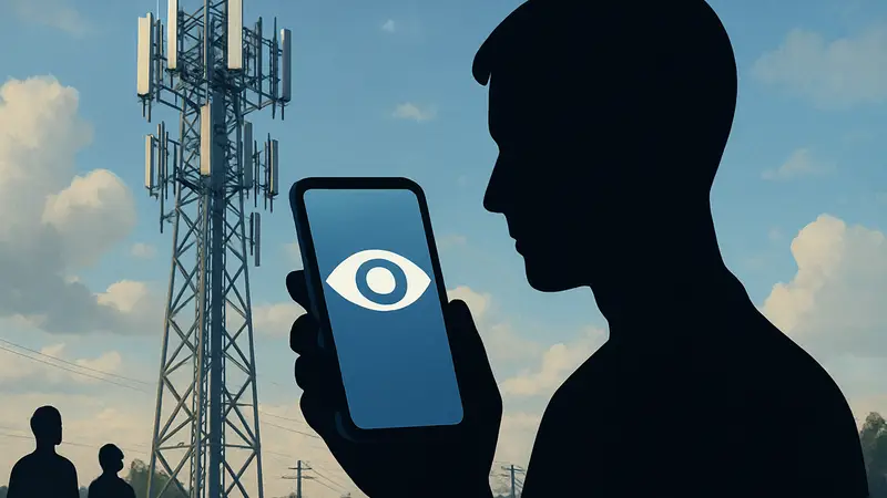 Мобильный телефон на фоне сотовой вышки, символизирующий слежку через телекоммуникационные сети.