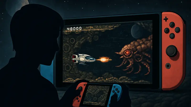 Скриншот игрового процесса R-TYPE DX: Music Encore на Nintendo Switch с космическим кораблем