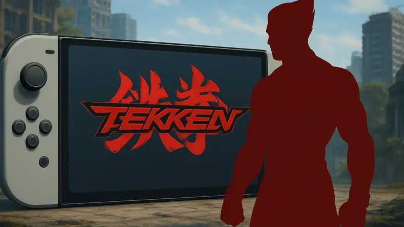 Логотип Tekken на фоне консоли Nintendo Switch 2, силуэт Казуи.
