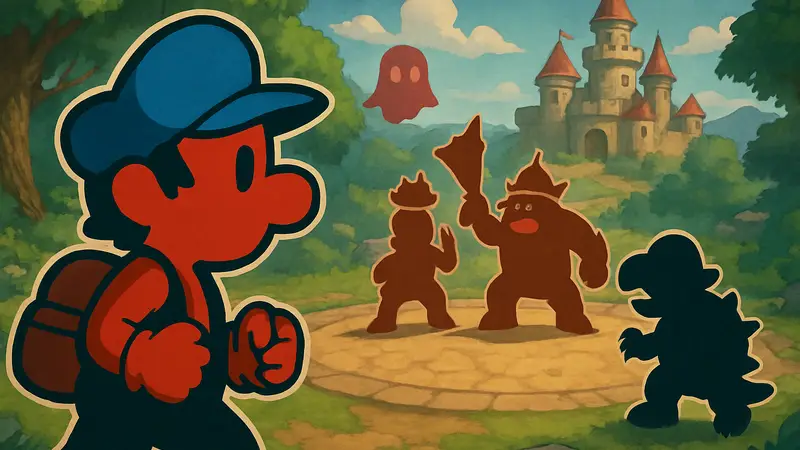 Главный герой Escape From Ever After в стилистике Paper Mario на фоне RPG-битвы.