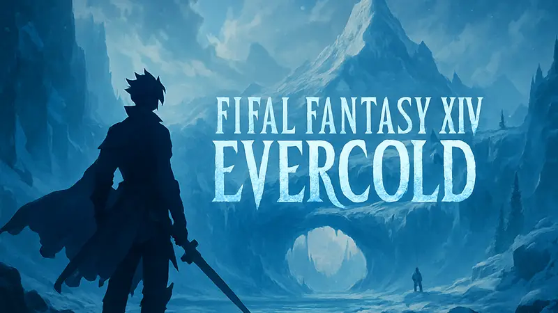 Логотип Final Fantasy XIV: Evercold на фоне арта, связанного со льдом или снегом